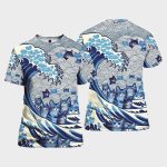Women's Blue Waves Cats Print Shirt
