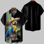 Breathable Parrot Cocktail Chest Pocket Bowling Hawaiian Shirt