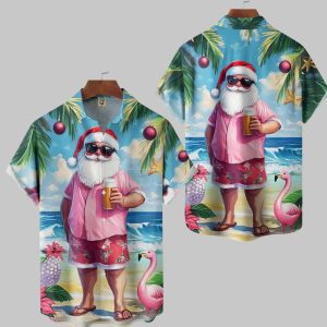 Christmas Santa Holiday Chest Pocket Casual Hawaiian Shirt 1