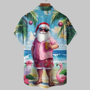 Christmas Santa Holiday Chest Pocket Casual Hawaiian Shirt 3