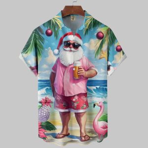 Christmas Santa Holiday Chest Pocket Casual Hawaiian Shirt 2