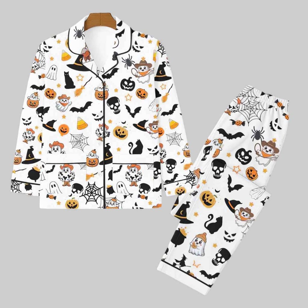 Halloween Ghost Black Cat Pumpkin Bat Spider Skull Pajama Set