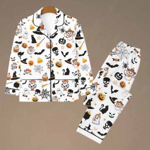 Halloween Ghost Black Cat Pumpkin Bat Spider Skull Pajama Set1