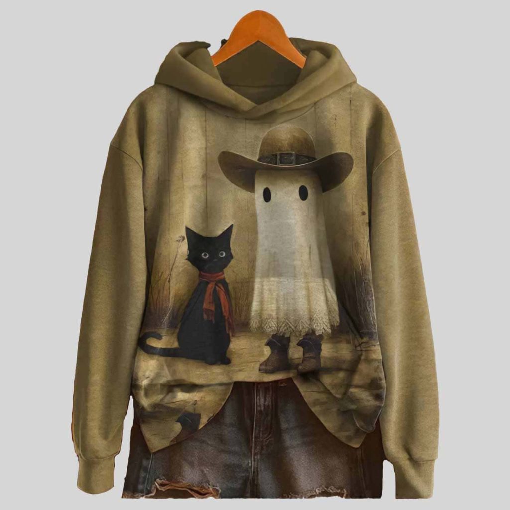 Halloween Ghost And Black Cat Print Cotton Casual Hoodie Sweatshirt 1