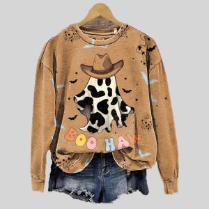 Halloween Cow Print Ghost Prints Casual Cotton Sweatshirt