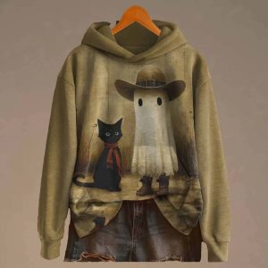 Halloween Ghost And Black Cat Print Cotton Casual Hoodie Sweatshirt 2