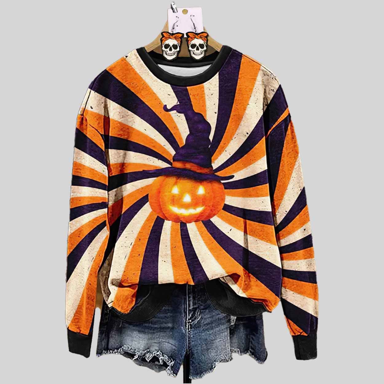Retro Halloween Pumpkin Stripe Print Sweatshirt Retro Halloween Pumpkin Stripe Print Sweatshirt