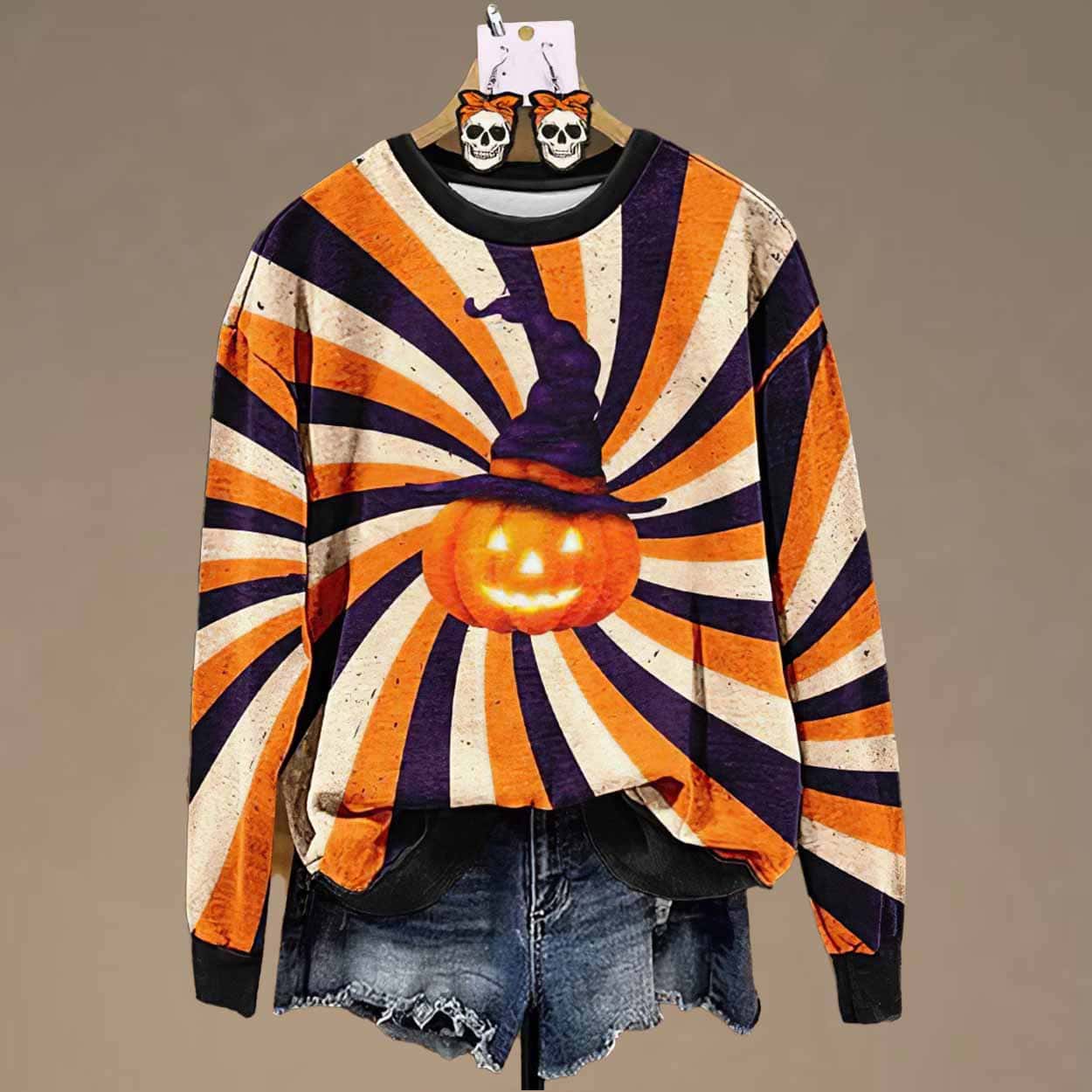 Retro Halloween Pumpkin Stripe Print Sweatshirt Retro Halloween Pumpkin Stripe Print Sweatshirt