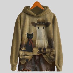 Halloween Ghost And Black Cat Print Cotton Casual Hoodie Sweatshirt 1
