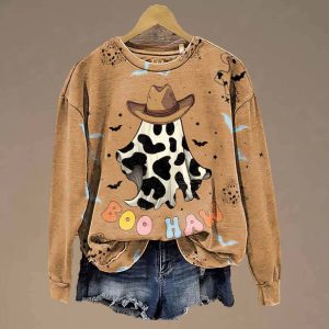 Halloween Cow Print Ghost Prints Casual Cotton Sweatshirt 2