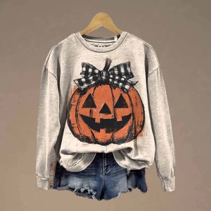 Halloween Pumpkin Art Print Casual Cotton Sweatshirt 2