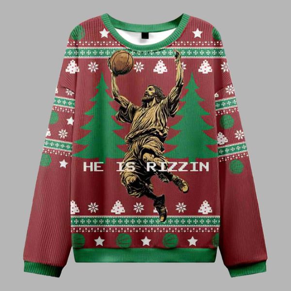 He Is Rizzin Jesus Dunks Ugly Christmas Sweater