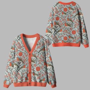 Winter Blossoms and Feathered Melodies Ugly Cardigan Sweater Winter Blossoms and Feathered Melodies Ugly Cardigan Sweater