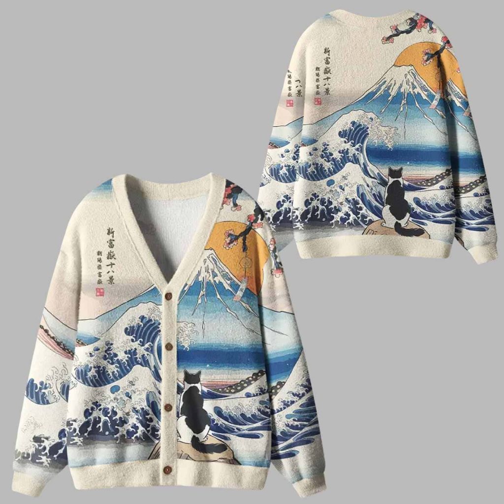 Cat Looking At The Great Wave Ugly Cardigan Sweater 1 Cat Looking At The Great Wave Ugly Cardigan Sweater 1