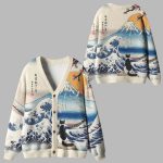 Cat Looking At The Great Wave Ugly Cardigan Sweater