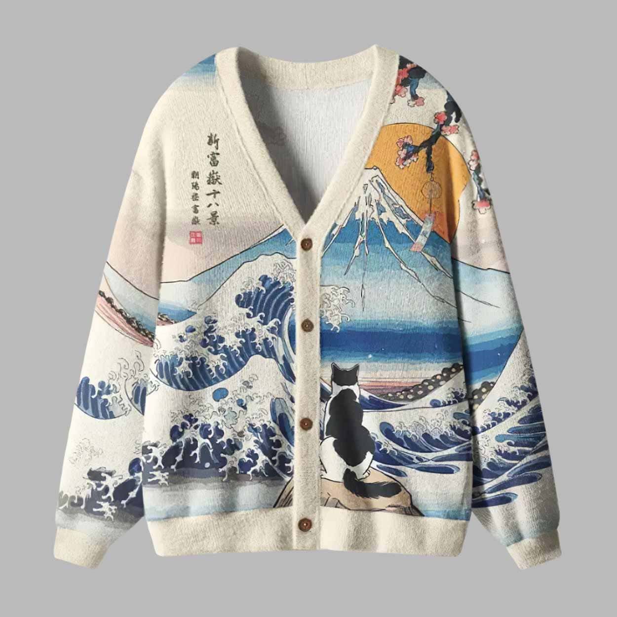 Cat Looking At The Great Wave Ugly Cardigan Sweater Cat Looking At The Great Wave Ugly Cardigan Sweater