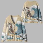 Cat Surfing Ugly Cardigan Sweater