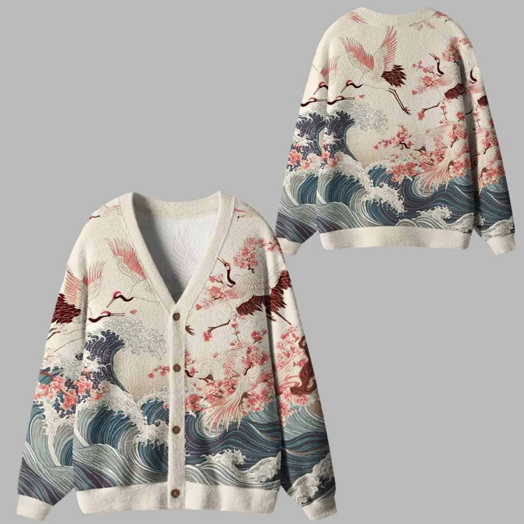 Cranes Dancing On The Waves Ugly Cardigan Sweater 1 Cranes Dancing On The Waves Ugly Cardigan Sweater 1