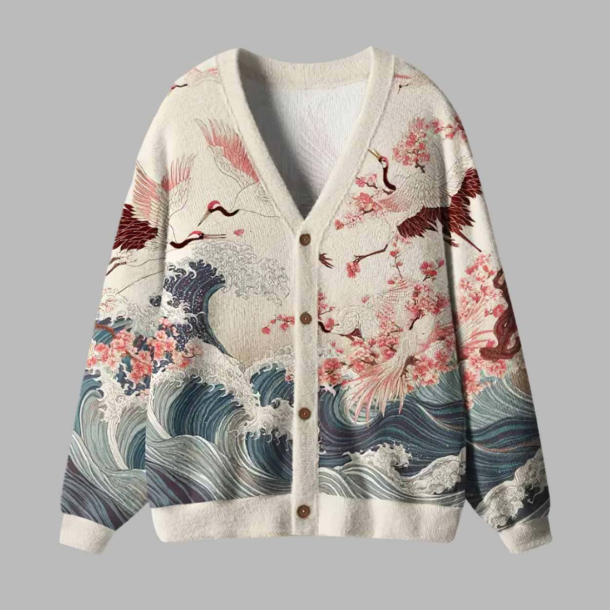 Cranes Dancing On The Waves Ugly Cardigan Sweater Cranes Dancing On The Waves Ugly Cardigan Sweater
