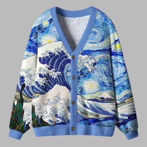 Waves Under The Starry Night Ugly Cardigan Sweater 1 Waves Under The Starry Night Ugly Cardigan Sweater 2