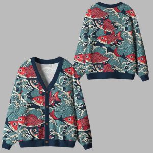 Koi Wave Ugly Cardigan Sweater Koi Wave Ugly Cardigan Sweater