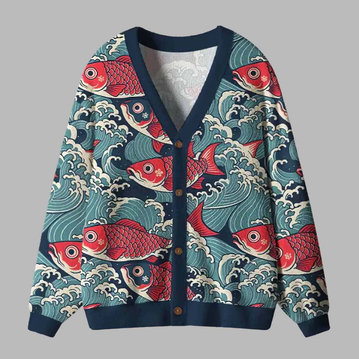 Koi Wave Ugly Cardigan Sweater Koi Wave Ugly Cardigan Sweater