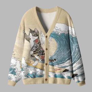 Cat Surfing Ugly Cardigan Sweater 1 Cat Surfing Ugly Cardigan Sweater 2