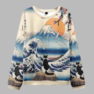 Cat Looking At The Great Wave Ugly Christmas Sweater 1 Cat Looking At The Great Wave Ugly Christmas Sweater 2