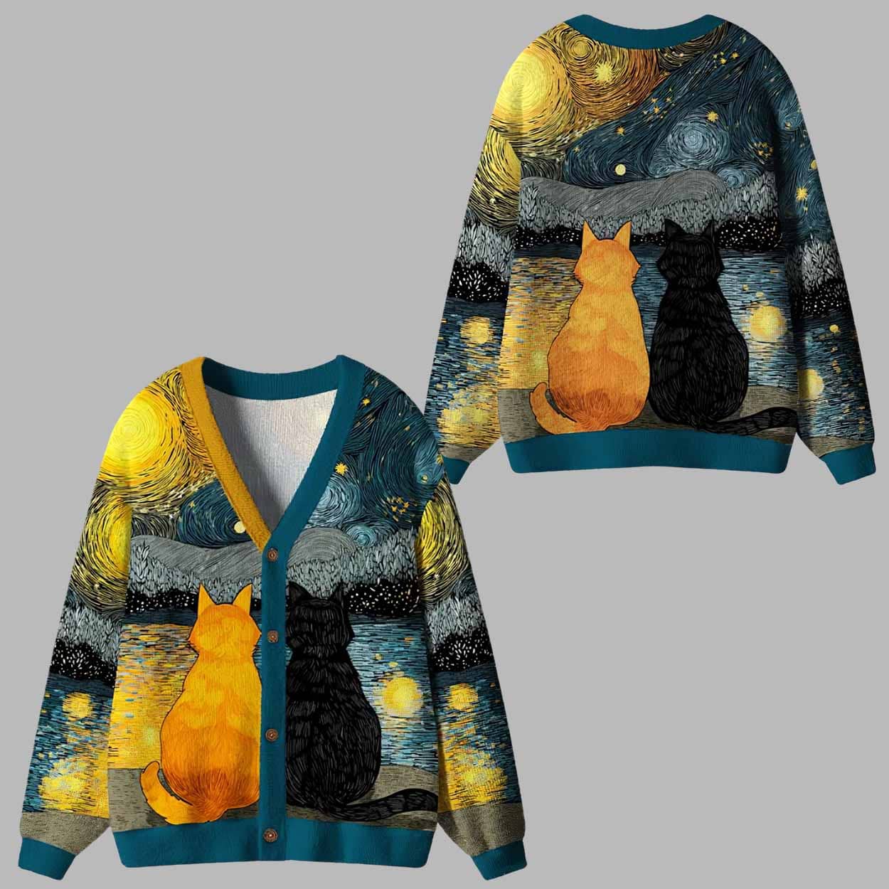 Starry Feline Companions Ugly Cardigan Sweater 1 Starry Feline Companions Ugly Cardigan Sweater 1