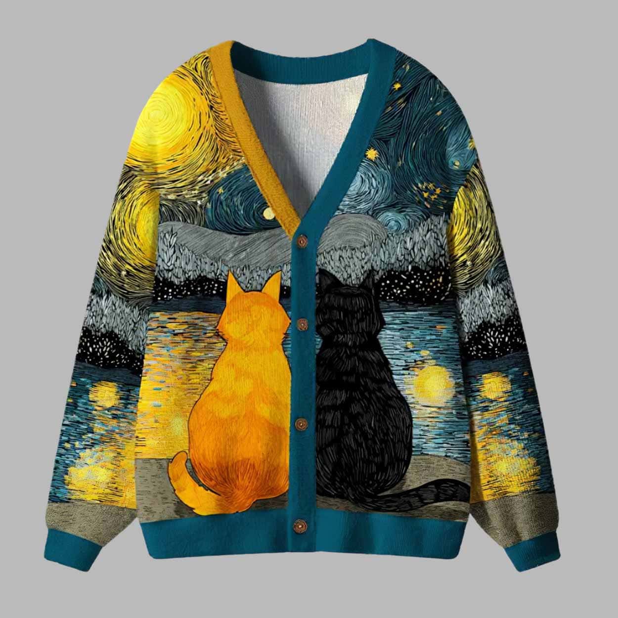 Starry Feline Companions Ugly Cardigan Sweater Starry Feline Companions Ugly Cardigan Sweater