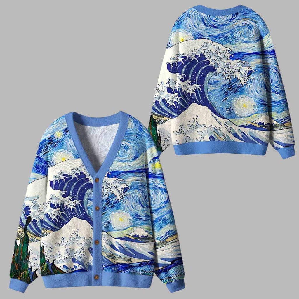 Waves Under The Starry Night Ugly Cardigan Sweater 1 Waves Under The Starry Night Ugly Cardigan Sweater 1