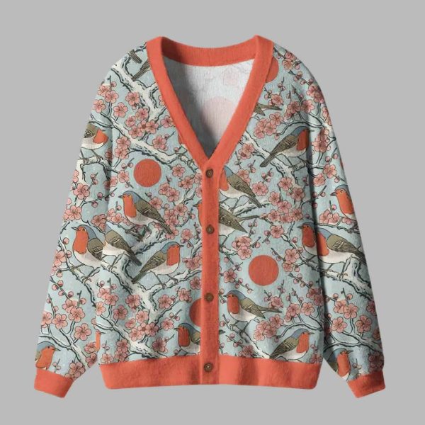 Winter Blossoms and Feathered Melodies Ugly Cardigan Sweater