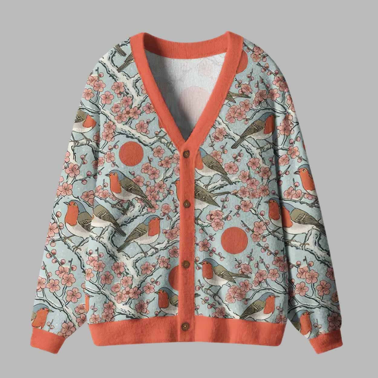 Winter Blossoms and Feathered Melodies Ugly Cardigan Sweater Winter Blossoms and Feathered Melodies Ugly Cardigan Sweater