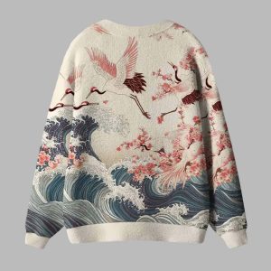Cranes Dancing On The Waves Ugly Cardigan Sweater 2 Cranes Dancing On The Waves Ugly Cardigan Sweater 3