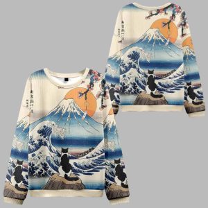 Cat Looking At The Great Wave Ugly Christmas Sweater 1