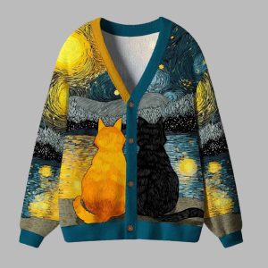 Starry Feline Companions Ugly Cardigan Sweater 1 Starry Feline Companions Ugly Cardigan Sweater 2