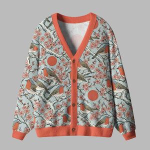 Winter Blossoms and Feathered Melodies Ugly Cardigan Sweater 1 Winter Blossoms and Feathered Melodies Ugly Cardigan Sweater 2