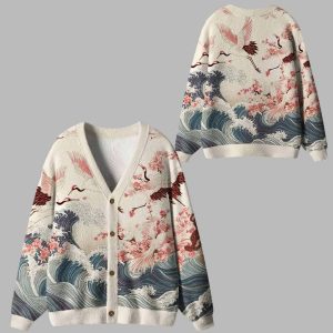 Cranes Dancing On The Waves Ugly Cardigan Sweater Cranes Dancing On The Waves Ugly Cardigan Sweater