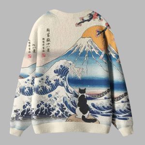 Cat Looking At The Great Wave Ugly Cardigan Sweater 2 Cat Looking At The Great Wave Ugly Cardigan Sweater 3