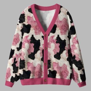 Pink Patch Pastures Whimsical Cow Print Ugly Cardigan Sweater 2