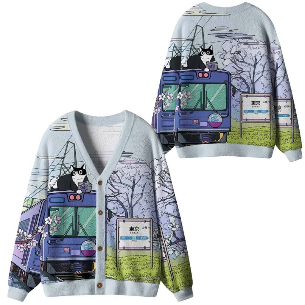 Black Cat On The Train Ugly Cardigan Sweater 1 Black Cat On The Train Ugly Cardigan Sweater 1