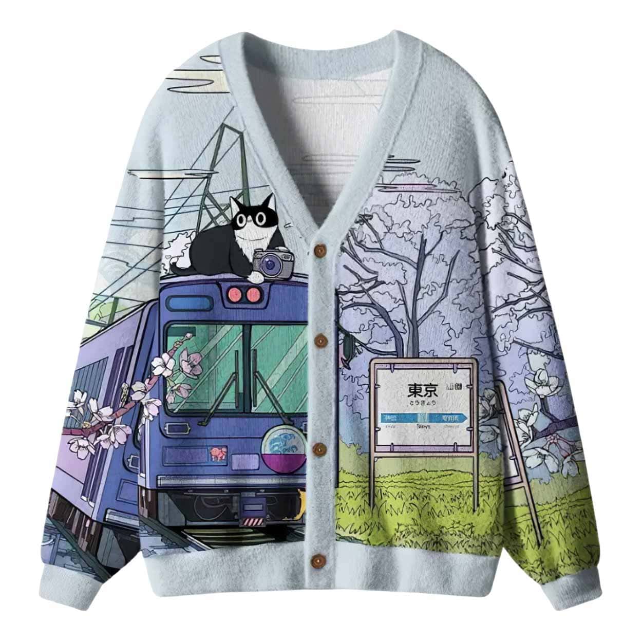 Black Cat On The Train Ugly Cardigan Sweater Black Cat On The Train Ugly Cardigan Sweater