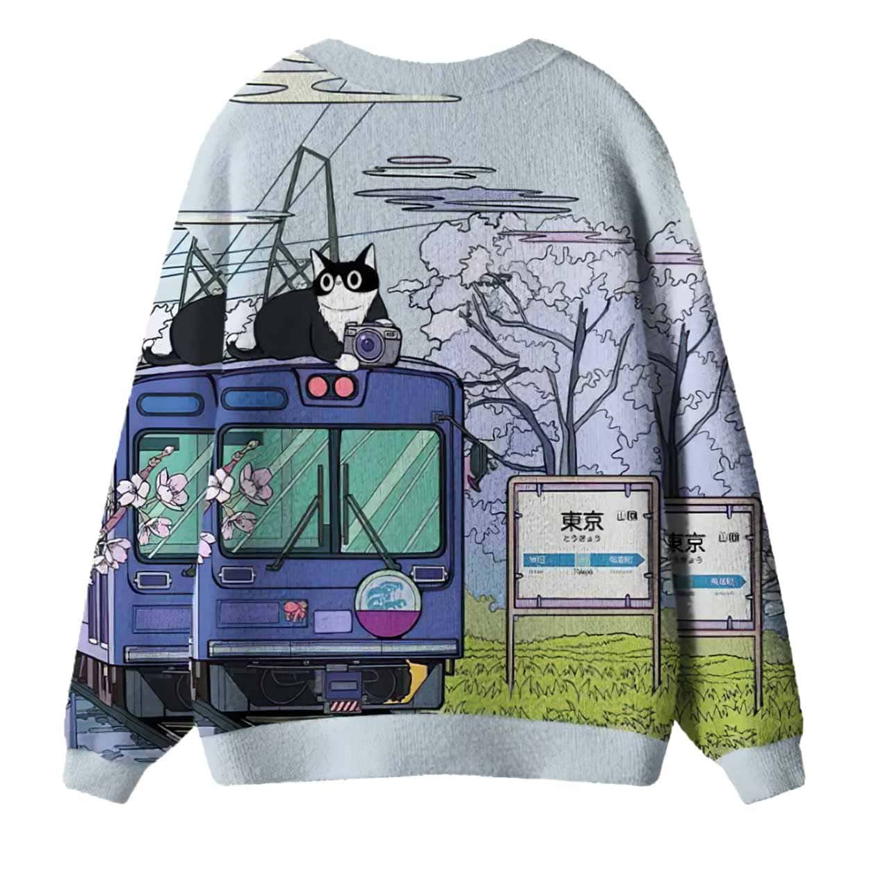 Black Cat On The Train Ugly Cardigan Sweater Black Cat On The Train Ugly Cardigan Sweater