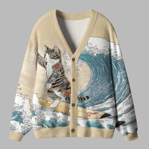 Cat Surfing Ugly Cardigan Sweater