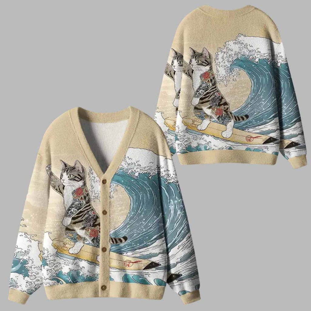 Cat Surfing Ugly Cardigan Sweater