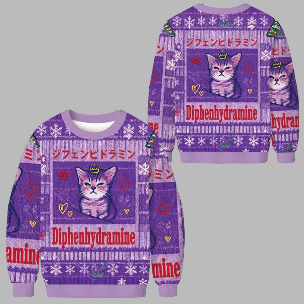 Diphenhydramine Cat Funny Meme Ugly Christmas Sweater