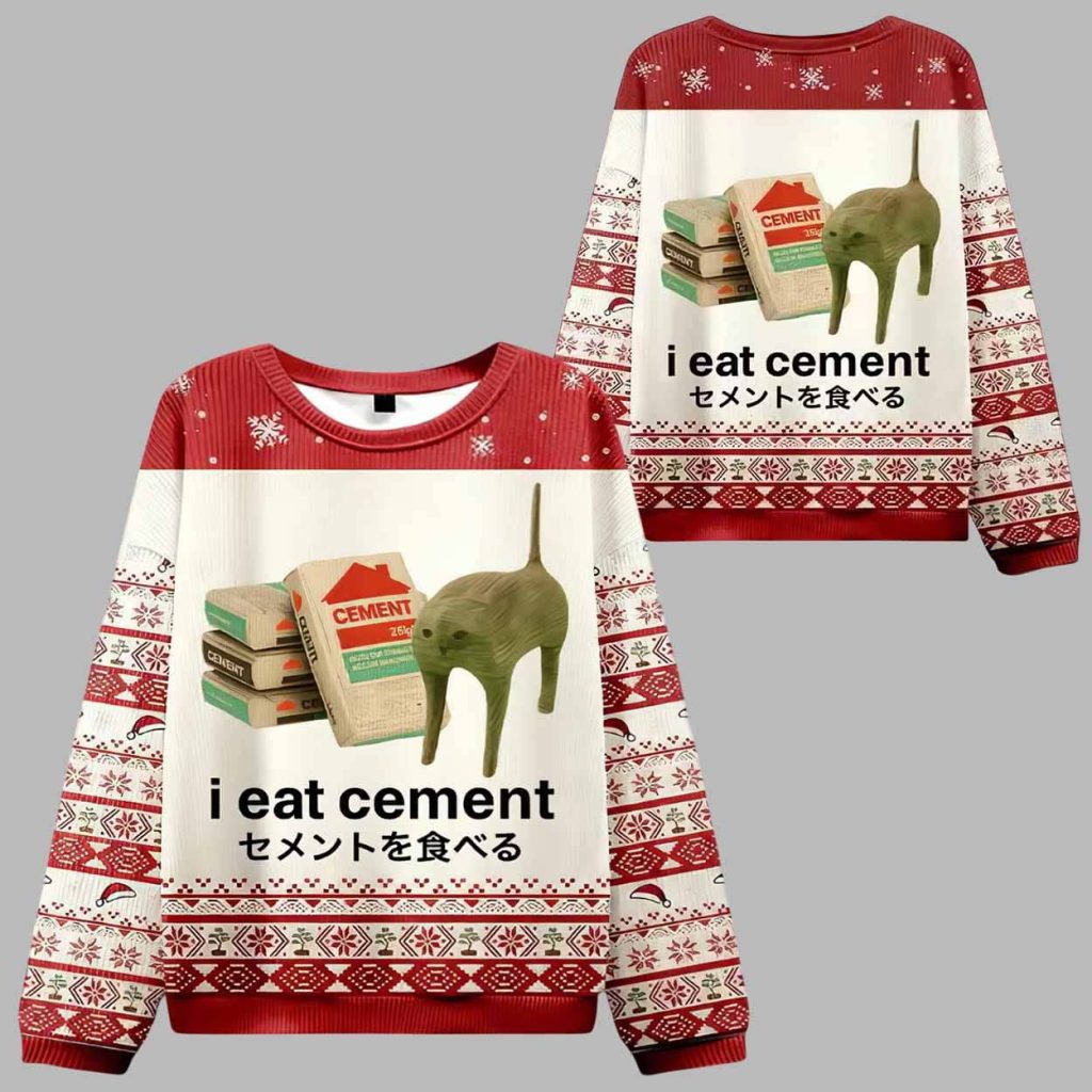 I Eat Cement Weird Cat Meme Ugly Christmas Sweater 1
