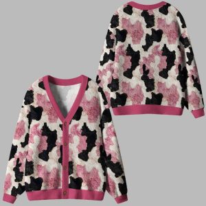 Pink-Patch Pastures Whimsical Cow Print Ugly Cardigan Sweater