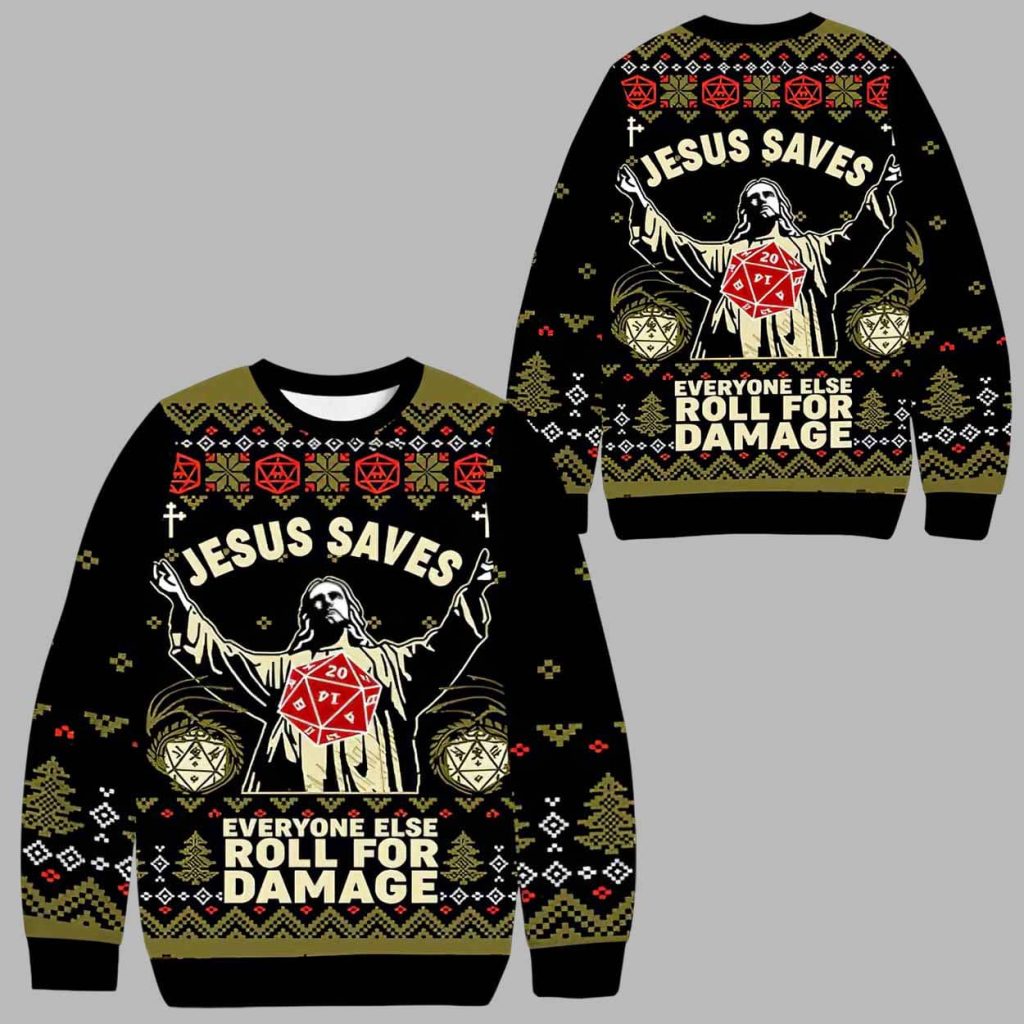 Jesus Saves Roll For Damage Ugly Christmas Sweater