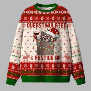 Overstimulated and Festive AF Raccoon Ugly Christmas Sweater